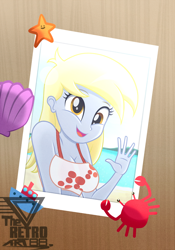 Size: 1150x1642 | Tagged: safe, artist:theretroart88, imported from derpibooru, derpy hooves, crab, aww... baby turtles, equestria girls, equestria girls series, birthday, breasts, busty derpy hooves, cleavage, cute, derpabetes, derpy day, female, open mouth, photo, solo, stupid sexy derpy, waving