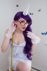 Size: 1600x2400 | Tagged: safe, artist:moniqa lefevre, imported from derpibooru, rarity, human, breasts, cleavage, clothes, cosplay, costume, glasses, irl, irl human, measuring tape, photo, rarity's glasses, solo