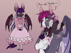 Size: 3300x2452 | Tagged: safe, artist:askbubblelee, imported from derpibooru, oc, oc only, oc:midnight mural, anthro, bat pony, unguligrade anthro, anthro oc, baby, bat pony oc, clothes, cute, digital art, dress, duo, fangs, father and child, father and daughter, female, filly, foal, freckles, hnnng, male, simple background, slit pupils, smiling, stallion