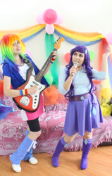 Size: 1075x1695 | Tagged: safe, artist:neehime, imported from derpibooru, rainbow dash, rarity, human, equestria girls, clothes, cosplay, costume, duo, electric guitar, guitar, irl, irl human, microphone, musical instrument, photo