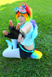 Size: 1066x1600 | Tagged: safe, artist:robinyume, imported from derpibooru, rainbow dash, human, clothes, cosplay, costume, fingerless gloves, gloves, goggles, irl, irl human, midriff, photo, solo