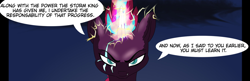 Size: 1554x502 | Tagged: safe, artist:chedx, imported from derpibooru, tempest shadow, pony, unicorn, comic:the storm kingdom, alternate universe, bad end, cropped, crystal of light, general tempest shadow, glowing, glowing horn, horn, scar, sinister, smiling, smirk, tempest gets her horn back, the bad guy wins