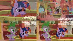 Size: 1280x720 | Tagged: safe, edit, edited screencap, editor:quoterific, imported from derpibooru, screencap, spike, twilight sparkle, dragon, pony, unicorn, season 1, winter wrap up, duo, female, golden oaks library, male, mare, open mouth, text, unicorn twilight