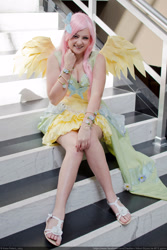 Size: 2000x3000 | Tagged: safe, artist:chastten, imported from derpibooru, fluttershy, human, breasts, cleavage, clothes, cosplay, costume, dress, irl, irl human, photo, sitting, solo, stairs