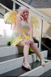 Size: 2000x3000 | Tagged: safe, artist:chastten, imported from derpibooru, fluttershy, human, clothes, cosplay, costume, dress, irl, irl human, photo, sitting, solo, stairs