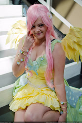 Size: 2000x3000 | Tagged: safe, artist:chastten, imported from derpibooru, fluttershy, human, breasts, cleavage, clothes, cosplay, costume, dress, irl, irl human, photo, solo, stairs