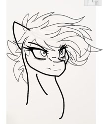 Size: 684x822 | Tagged: safe, artist:janeblood969, imported from derpibooru, oc, oc:jane blood, alternate hairstyle, bust, female, mare, portrait, scar, scowl, short hair, sketch, wip