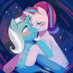 Size: 1320x1320 | Tagged: safe, artist:cherivinca, imported from derpibooru, starlight glimmer, trixie, pony, unicorn, blushing, duo, duo female, eyes closed, female, happy, lesbian, mare, nuzzling, shipping, smiling, startrix