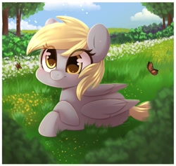 Size: 1049x995 | Tagged: safe, artist:sakukitty, imported from derpibooru, derpy hooves, butterfly, pegasus, pony, cloud, cute, daaaaaaaaaaaw, derpabetes, eye clipping through hair, eyebrows, eyebrows visible through hair, flower, grass, lying down, sky, solo, tree, weapons-grade cute