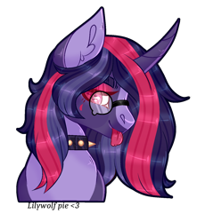 Size: 1218x1325 | Tagged: safe, artist:lilywolfpie, imported from derpibooru, oc, unicorn, bust, choker, female, glasses, mare, portrait, simple background, solo, spiked choker, tongue out, transparent background