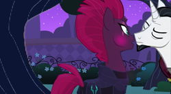 Size: 4096x2242 | Tagged: safe, artist:decokenite, edit, imported from derpibooru, screencap, chancellor neighsay, fizzlepop berrytwist, tempest shadow, pony, unicorn, about to kiss, armor, blushing, broken horn, canterlot gardens, clothes, edit screencap, eyes closed, female, horn, i ship it, just kiss already, male, mare, photo, robe, shipping, shipping fuel, stallion, straight, tempest neighsay