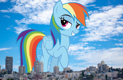 Size: 2300x1502 | Tagged: safe, artist:rainbowmaned, artist:thegiantponyfan, imported from derpibooru, rainbow dash, pegasus, pony, california, female, giant pegasus, giant pony, giant rainbow dash, giantess, highrise ponies, irl, looking at you, macro, mare, mega giant, mega/giant rainbow dash, photo, ponies in real life, raised hoof, san francisco, smiling