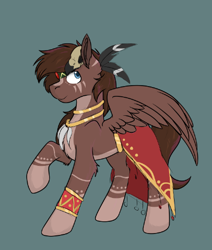 Size: 436x514 | Tagged: safe, artist:rokosmith26, imported from derpibooru, oc, oc only, oc:hell berry, pegasus, pony, blaze (coat marking), blue background, blue eyes, bone, bracelet, chest fluff, clothes, coat markings, facial markings, feather, jewelry, male, neck rings, necklace, pegasus oc, raised hoof, simple background, sketch, skull, smiling, solo, spread wings, stallion, standing, tribal, tribal markings, wings