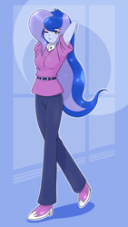 Size: 1296x2304 | Tagged: safe, artist:batipin, imported from derpibooru, princess luna, equestria girls, arm behind head, female, one eye closed, solo, vice principal luna