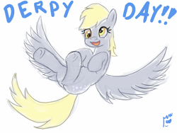 Size: 1200x900 | Tagged: safe, artist:hiddelgreyk, imported from derpibooru, derpy hooves, pegasus, pony, butt, derpy day, female, floating, gray coat, happy, mare, plot, signature, simple background, sketch, solo, yellow eyes, yellow mane