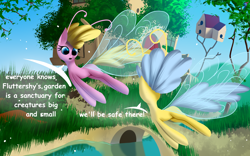 Size: 4000x2500 | Tagged: safe, artist:skanim-sdw, imported from derpibooru, breezie, comic:troubles of being breezie, comic, commission, dialogue, fluttershy's cottage, garden, looking at each other, looking at someone, micro, tiny, tree