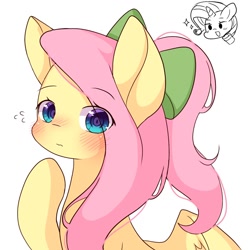 Size: 1280x1280 | Tagged: safe, artist:dddreamdraw, imported from derpibooru, fluttershy, rarity, pegasus, pony, unicorn, alternate hairstyle, aside glance, blushing, bow, bust, cute, duo, eye clipping through hair, eyebrows, eyebrows visible through hair, female, hair bow, looking at you, mare, open mouth, partially open wings, raised hoof, shyabetes, simple background, solo focus, three quarter view, white background, wings