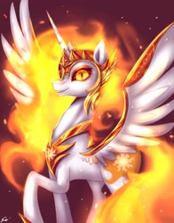 Size: 1386x1769 | Tagged: safe, artist:midna77, imported from derpibooru, daybreaker, alicorn, pony, armor, colored pupils, female, fire, flowing mane, flowing tail, gem, helmet, hoof shoes, horn, jewelry, long horn, looking at you, majestic, mane of fire, mare, open mouth, peytral, raised hoof, redraw, regalia, signature, simple background, smiling, solo, spread wings, tail, tail of fire, teeth, wing armor, wings, yellow eyes