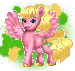 Size: 1024x969 | Tagged: safe, artist:doraeartdreams-aspy, imported from derpibooru, oc, oc only, oc:sweetie bloom, pegasus, pony, g5, open mouth, open smile, simple background, smiling, spread wings, unintentionally creepy, unshorn fetlocks, white background, wings