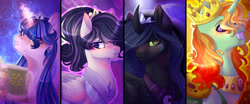 Size: 3789x1583 | Tagged: safe, artist:stormcloud-yt, imported from derpibooru, oc, oc only, alicorn, changepony, hybrid, pony, alicorn oc, glowing, glowing horn, horn, interspecies offspring, magic, offspring, parent:flash sentry, parent:king sombra, parent:princess cadance, parent:princess celestia, parent:princess luna, parent:shining armor, parent:thorax, parent:twilight sparkle, parents:flashlight, parents:lumbra, parents:shiningcadance, parents:thoralestia, simple background, telekinesis, wings