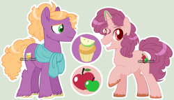 Size: 4919x2812 | Tagged: safe, artist:stormcloud-yt, imported from derpibooru, oc, oc only, earth pony, pony, unicorn, base used, clothes, duo, earth pony oc, grin, horn, offspring, parent:big macintosh, parent:sugar belle, parents:sugarmac, scarf, simple background, smiling, unicorn oc