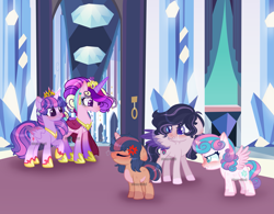 Size: 2771x2164 | Tagged: safe, artist:stormcloud-yt, imported from derpibooru, princess cadance, princess flurry heart, twilight sparkle, oc, alicorn, pony, unicorn, angry, base used, clothes, dress, hoof shoes, horn, indoors, looking back, older, older flurry heart, raised hoof, sisters-in-law, twilight sparkle (alicorn), unicorn oc
