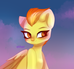 Size: 1107x1024 | Tagged: safe, artist:etter, imported from derpibooru, spitfire, pegasus, pony, blushing, bust, button nose, cloud, colored pupils, colored wings, cute, eyebrows, eyelashes, feathered wings, female, folded wings, heart eyes, mare, multicolored hair, multicolored wings, portrait, solo, tumblr nose, watermark, wingding eyes, wings