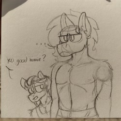 Size: 2288x2288 | Tagged: safe, artist:drheartdoodles, imported from derpibooru, oc, oc:dr.heart, oc:valentino, anthro, clothes, collaboration, dad bod, dialogue, dilf, frustrated, furry, male, partial nudity, size difference, sketch, stallion, topless, traditional art
