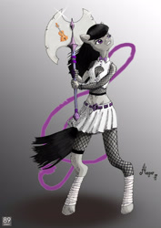 Size: 2481x3509 | Tagged: safe, artist:magarnadge, imported from derpibooru, octavia melody, anthro, earth pony, unguligrade anthro, axe, battle axe, clothes, cutie mark background, female, gradient background, signature, skirt, solo, weapon