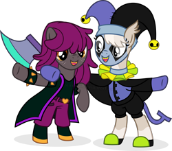 Size: 8130x7161 | Tagged: safe, artist:suramii, imported from derpibooru, oc, oc only, oc:cuddy, oc:night vision, bat pony, pegasus, pony, road to friendship, absurd resolution, bipedal, clothes, costume, deltarune, female, jevil, mare, nightmare night costume, simple background, susie (deltarune), transparent background, vector