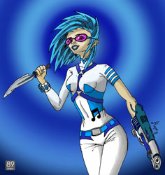 Size: 2228x2365 | Tagged: safe, artist:magarnadge, imported from derpibooru, dj pon-3, vinyl scratch, human, abstract background, clothes, dagger, female, humanized, lipstick, solo, sunglasses, weapon