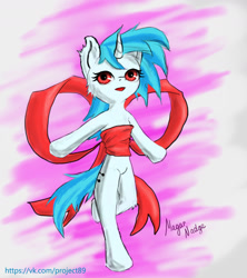 Size: 1600x1800 | Tagged: safe, artist:magarnadge, imported from derpibooru, dj pon-3, vinyl scratch, pony, unicorn, abstract background, bipedal, bow, female, horn, mare, missing accessory, signature, solo