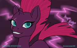 Size: 945x591 | Tagged: safe, artist:magarnadge, imported from derpibooru, tempest shadow, pony, unicorn, broken horn, bust, eye scar, female, grin, horn, lightning, mare, scar, smiling, solo