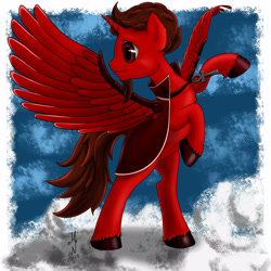 Size: 3200x3200 | Tagged: safe, artist:magarnadge, imported from derpibooru, oc, oc only, alicorn, pony, alicorn oc, choker, cloak, clothes, cloud, colored hooves, female, horn, jewelry, looking back, mare, necklace, on a cloud, solo, wings