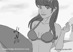 Size: 1200x870 | Tagged: safe, artist:magarnadge, imported from derpibooru, octavia melody, human, 2018, bikini, bust, clothes, female, food, grayscale, humanized, monochrome, popsicle, smiling, solo, surfboard, swimsuit