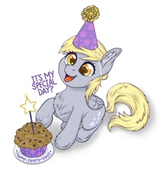 Size: 1149x1200 | Tagged: safe, artist:taytinabelle, imported from derpibooru, derpy hooves, pegasus, pony, chest fluff, cute, derpabetes, derpy day, dialogue, ear fluff, female, fluffy, food, happy, hat, hoof fluff, looking at you, looking up, looking up at you, mare, muffin, open mouth, open smile, party hat, raised hoof, simple background, sitting, smiling, solo, unshorn fetlocks, weapons-grade cute, white background