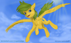 Size: 1700x1020 | Tagged: safe, artist:magarnadge, imported from derpibooru, oc, oc only, pegasus, pony, flying, outdoors, pegasus oc, solo, wings