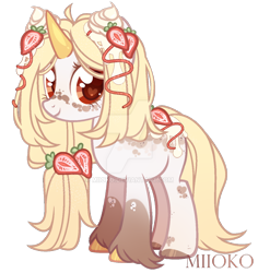 Size: 1024x1087 | Tagged: safe, artist:miioko, imported from derpibooru, oc, oc only, pony, unicorn, deviantart watermark, female, food, heart eyes, hoof fluff, horn, mare, obtrusive watermark, simple background, solo, strawberry, transparent background, unicorn oc, watermark, wingding eyes