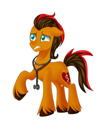 Size: 3400x4000 | Tagged: safe, artist:kaikururu, imported from derpibooru, oc, oc only, earth pony, pony, earth pony oc, male, raised hoof, simple background, solo, stallion, stethoscope, transparent background, unshorn fetlocks, worried