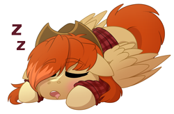 Size: 1504x984 | Tagged: safe, artist:rokosmith26, imported from derpibooru, oc, oc only, oc:rose acre, pegasus, pony, blaze (coat marking), blushing, cheek fluff, chibi, clothes, coat markings, cowboy hat, cute, eyes closed, facial markings, flannel, flannel shirt, floppy ears, hat, lying down, open mouth, pegasus oc, prone, shirt, simple background, sleeping, solo, spread wings, tail, transparent background, wings