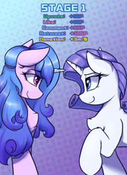 Size: 1600x2200 | Tagged: safe, artist:ravistdash, imported from derpibooru, izzy moonbow, rarity, pony, unicorn, duo, duo female, eye clipping through hair, eyebrows, eyebrows visible through hair, female, g5, growth drive, incentive drive, looking at each other, looking at someone, macro, mare, raised hoof, smiling, smiling at each other, smirk, standing