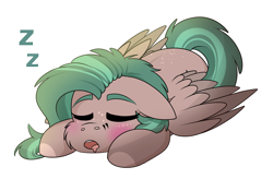 Size: 1644x1080 | Tagged: safe, artist:rokosmith26, imported from derpibooru, oc, oc only, oc:shelly b smith, pegasus, pony, blushing, cheek fluff, chibi, colored wings, cute, eyes closed, floppy ears, freckles, lying down, open mouth, pegasus oc, prone, simple background, sleeping, solo, spread wings, tail, transparent background, two toned mane, two toned wings, wings