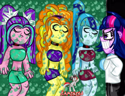 Size: 3900x3000 | Tagged: safe, artist:kamikiku, imported from derpibooru, adagio dazzle, aria blaze, sci-twi, sonata dusk, twilight sparkle, equestria girls, rainbow rocks, evil grin, experiment, eyes closed, grin, science, smiling, the dazzlings, vat