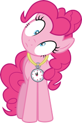 Size: 3000x4512 | Tagged: safe, artist:cloudy glow, imported from derpibooru, pinkie pie, earth pony, pony, too many pinkie pies, .ai available, female, front view, frown, full body, head tilt, high res, hooves, mare, pinkie clock, shrunken pupils, simple background, solo, standing, stopwatch, transparent background, vector