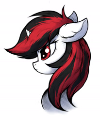 Size: 1600x1943 | Tagged: safe, artist:tatykin, imported from derpibooru, oc, oc only, oc:blackjack, pony, unicorn, fallout equestria, fallout equestria: project horizons, bust, ear fluff, ears back, fanfic art, female, horn, mare, portrait, profile, simple background, solo, two toned mane, unicorn oc, white background