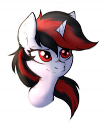 Size: 1600x1900 | Tagged: safe, artist:tatykin, imported from derpibooru, oc, oc only, oc:blackjack, pony, unicorn, fallout equestria, fallout equestria: project horizons, bust, ear fluff, fanfic art, female, horn, mare, portrait, simple background, solo, two toned mane, unicorn oc, white background