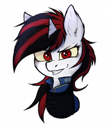 Size: 1600x1914 | Tagged: safe, artist:tatykin, imported from derpibooru, oc, oc:blackjack, pony, unicorn, fallout equestria, fallout equestria: project horizons, bust, fanfic art, female, horn, looking at you, mare, portrait, shooty look, simple background, solo, unicorn oc, white background