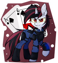 Size: 1600x1750 | Tagged: safe, artist:tatykin, imported from derpibooru, oc, oc:blackjack, pony, unicorn, fallout equestria, fallout equestria: project horizons, ace of spades, armor, clothes, fanfic art, female, horn, looking at you, mare, playing card, solo, unicorn oc