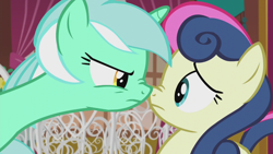 Size: 1280x720 | Tagged: safe, imported from derpibooru, screencap, bon bon, lyra heartstrings, sweetie drops, earth pony, pony, unicorn, season 5, slice of life (episode), boop, duo, duo female, female, long neck, looking at each other, looking at someone, lyra is not amused, mare, nose wrinkle, noseboop, unamused