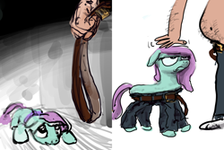 Size: 4096x2732 | Tagged: safe, artist:ja0822ck, imported from derpibooru, oc, earth pony, human, pony, 2 panel comic, bait and switch, belt, clothes, comic, pants